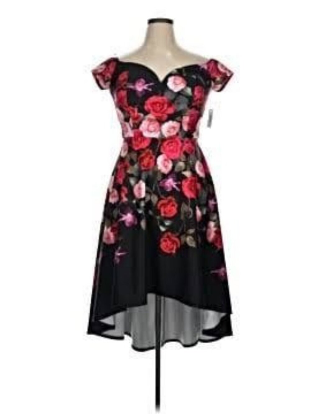 Off-Shoulder Black Floral High-Low Dress with Red Rose Print